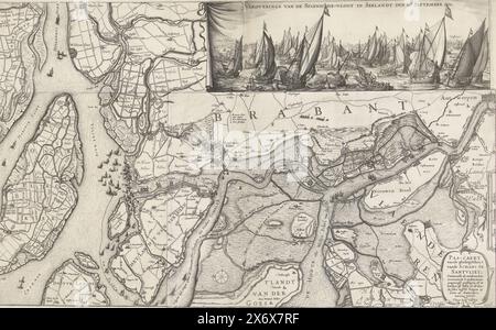 Karte des Gebiets zwischen Bergen op Zoom und Antwerpen und dem Sieg über den Slaak, 1631, Pas-caert vande ghele[n]theyt vande Schans te Santvliet; zeigen Sie die ertrunkenen, überwässerten Landschaften, neu gewaschenen Schluchten und die Bäche des Killen in und durch die zwischen Bergen op Zoom und Antwerpen (Titel auf dem Objekt), Eroberung der spanischen Flotte in Zealandt am 13. September 1631 (Titel auf Objekt), Karte der Wasserstraßen, Bäche und überfluteten Flächen zwischen Bergen op Zoom, Zandvliet und Antwerpen. Die Karte zeigt die Segelrouten, die die niederländische und spanische Flotte für die Schlacht auf der genommen haben Stockfoto