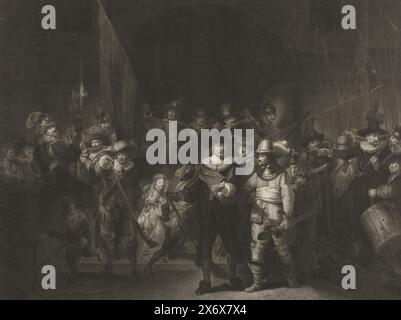 Die Nachtwache von Rembrandt, 1642, Amsterdamsche bewaffnete Bourgeoisie 1642, Bourgeoisie armée d’Amsterdam 1642 (Titel auf Objekt), das Gemälde der Korporalität von Kapitän Frans Banninck Cocq und Leutnant Willem van Ruytenburch, bekannt als die 'Nachtwache', gemalt von Rembrandt im Jahr 1642. Vor den Namen der Offiziere und Schützen., Druck, Druckerei: Lambertus Antonius Claessens, (auf dem Gegenstand erwähnt), nach Malerei von Rembrandt van Rijn, (auf dem Gegenstand erwähnt), Niederlande, 1797, Papier, Ätzen, Höhe, 562 mm x Breite, 663 mm Stockfoto