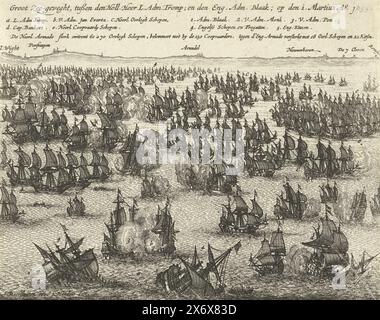 Dreitägige Seeschlacht vor der englischen Südküste zwischen der niederländischen Flotte unter Tromp und der englischen Flotte unter Blake, 1653, Great Naval Battle; zwischen den Holl. Herr L. ADM. Trump; und der Engl. ADM. Blaak; auf dem 1. Martius Ao. 1653, dreitägige Schlacht vor der englischen Südküste im Ersten Englischen Krieg zwischen der niederländischen Flotte unter Maarten Tromp und der englischen Flotte unter Robert Blake, 1. März 1653. Oben die Legende A-e und 1-5. Unnummeriert [8]., Druck, Druckerei: Anonym, nach Entwurf von: Jan Abrahamsz. Beerstraten (erwähnt am Objekt), Herausgeber: Jodocus Stockfoto