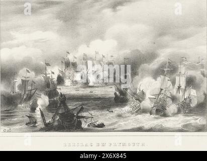 Seeschlacht von Plymouth, 1652, Seeschlacht von Plymouth (Titel auf Objekt), Seeschlacht von Plymouth im Ersten Englischen Krieg zwischen der niederländischen Flotte unter Michiel de Ruyter und der englischen Flotte unter George Ayscue, 26. August 1652., Druck, Druckerei: Carel Christiaan Antony Last, (auf dem Objekt erwähnt), nach Druck von: Bastiaen Stopendael, Niederlande, 1850 - 1852, Papier, Höhe, 153 mm x Breite, 246 mm Stockfoto