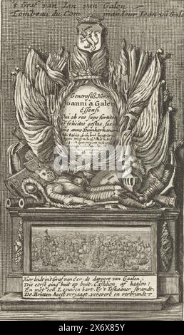 Grabmal von Commander Johan van Galen in der Nieuwe Kerk, 1653, 't Grabmal von Jan van Galen, Tombeau du Commandeur Jean va[n] Gale[n] (Titel über Objekt), Grabmal von Commander Johan van Galen in der Nieuwe Kerk. Johan van Galen starb am 23. März 1653 an Wunden, die in der Seeschlacht von Livorno während des Ersten Englischen Krieges am 14. März 1653 erlitten wurden. Am 11. Dezember 1653 wurde er in der Nieuwe Kerk in Amsterdam beigesetzt. Unterhalb der Statue eine Darstellung der Schlacht von Livorno mit einem vierzeiligen Vers. Auf der Rückseite gedruckt mit Text in Niederländisch., Druck, Druckerei: Anonym, Nord Stockfoto