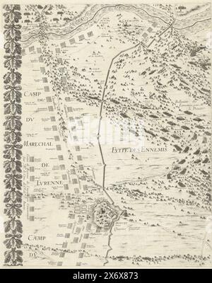 Relief von Arras, belagert von den Spaniern (mittlere Reihe, Platte 1), 1654, Le Belagerung d’Arras leve par la Niederlage des ennemis 1654 (Titel auf Objekt), Relief der Stadt Arras (Atrecht), belagert von den Spaniern, 23.-25. August 1654. Arras wurde von der französischen Armee unter Marschall Turenne von der Belagerung durch die Spanier unter Louis de Condé und Erzherzog Leopold Wilhelm befreit. Erstes Blatt in der mittleren Reihe. Teil der Belagerungskarte mit fliehenden feindlichen Truppen. Teil eines unbearbeiteten Ganzen, bestehend aus einer Titelseite und einer großen Szene auf 15 Platten (die Halbplatte unten rechts fehlt)., drucken, drucken Stockfoto