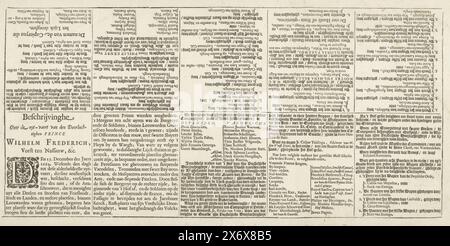 Begräbnisprozession von Willem Frederik, Graf von Nassau-Dietz, 1665, Trauer-Staetelijcke Leichnam Prunk im UYT-Vaert und Begräbnis der verstorbenen Leiche von Wilhelm Frederich (...) starb in Leeuwarden (...) am 21. Oktober, MDCLXIV. Und dort im Chor des Jacobijner Kerck, der fünfzehnte Dezember MDCLXIV. Oude Stijl (...) (Titel über Objekt), Beschreibung über die Passage des höchsten Prinzen Wilhelm Frederich, Vorst tzu Nassauw, &c. (Titel zum Objekt), Trauerzug von Willem Frederik, Graf von Nassau-Dietz, in Leeuwarden am 6. Januar 1665 Stockfoto