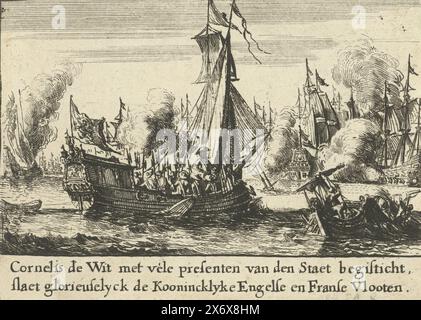 Cornelis de Witt führt den Angriff auf die englische Flotte während der Tour to Chatham, 1667, Cornelis de Wit mit vielen Geschenken aus dem Staat verleiht glorreich die englische und französische Koonincklyke-Flotte (Titel auf Objekt), Cornelis de Witt führt den Angriff auf die englische Flotte vom 20. Bis 23. Juni 1667. Episode von der Reise nach Chatham während des Zweiten Englischen Krieges. Fragment des Großdrucks über die Brüder de Witt: Witten Wonder Spiegel (1675)., Druck, Druckerei: Romeyn de Hooghe, Nordholland, 1675, Papier, Ätzung, Höhe, 84 mm x Breite, 118 mm Stockfoto