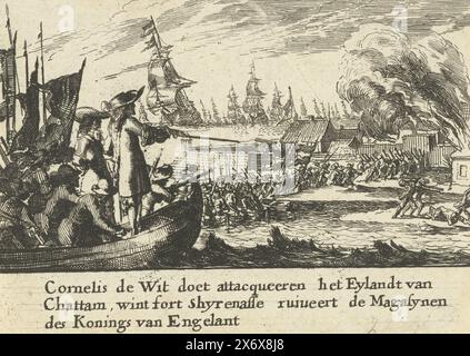 Cornelis de Witt führt den Angriff auf Sheerness, 1667, Cornelis de Wit, greift das Eylandt von Chattam an, gewinnt Fort Shyrenasse, ruiniert die Magasynen des Konings van Engelant (Titel auf Objekt), Cornelis de Witt führt den Angriff auf Sheerness, 20-23. Juni 1667. Episode von der Reise nach Chatham während des Zweiten Englischen Krieges. Fragment des Großdrucks über die Brüder de Witt: Witten Wonder Spiegel (1675)., Druck, Druckerei: Romeyn de Hooghe, Nordholland, 1675, Papier, Ätzung, Höhe, 84 mm x Breite, 116 mm Stockfoto