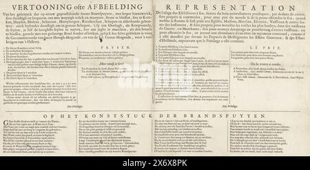 Textblatt für den Druck über die Verwendung eines neuen Holzfeuerlöschers, 1667, Anzeige oder Bild der Verwendung neu geübter Holzbrandspuyten (...) (Titel über Objekt), Representation de l'use des Esclissoires à feu, faittes du bois nouvellement Pracquez (...) (Titel über Objekt), das dem Druck beigefügte Textblatt über die Verwendung eines neuartigen Holzfeuerschlauchs ist abgebildet, 1667. Blatt mit einer Beschreibung des Geräts, der Preise und der Verkaufsadressen in Niederländisch und Französisch. Unten ein Lob auf das Feuerwehrauto in 4 Spalten. Gehört zu den Ergänzungen zum Feuerspray Stockfoto