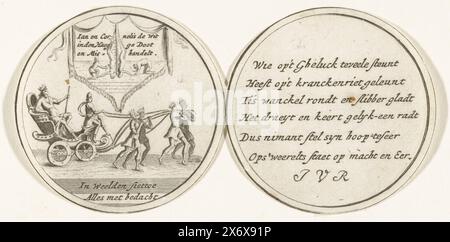 Medaille über den Tod der Brüder de Witt, 1672, Vorder- und Rückseite einer Medaille zu Ehren der Brüder Johan und Cornelis de Witt, ermordet am 20. August 1672, ausgeschnitten. Ein Monarch in seinem Triumphwagen, der von Königen gezogen wurde, mit einer Szene der Verstümmelung der Körper darüber. Rückseite: Ein Vers von sechs Zeilen signiert J.V.R., Print, Printmaker: Anonym, Northern Netherlands, 1672 - 1699, Papier, Gravur, Höhe, 59 mm x Breite, 119 mm Stockfoto