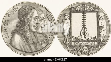 Medaille über den Tod der Brüder de Witt, 1672, Vorder- und Rückseite einer Medaille zu Ehren der Brüder Johan und Cornelis de Witt, ermordet am 20. August 1672, ausgeschnitten. Vorne: Die Brüder im Profil nebeneinander. Rückseite: Ein Emblem der Leichen auf der Wippe, gekrönt von einer geflügelten Sanduhr und flankiert von zwei Trauerputten., Druck, Druckerei: Anonym, Nordholland, 1672 - 1699, Papier, Ätzen, Gravieren, Höhe, 52 mm x Breite, 105 mm Stockfoto