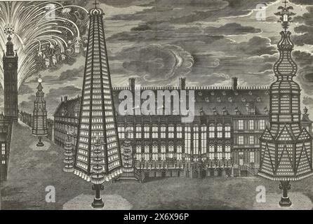 Beleuchtung und Feuerwerk in Gent, 1717, abendliche Vorstellung mit dem Gerüst mit Beleuchtung und dem Feuerwerk, das vom Belfort-Turm im Rathaus von Gent abgefeuert wurde, zu Ehren der Einweihung von Kaiser Karl VI. Zum Grafen von Flandern am 18. Oktober 1717., Druck, Druckerei: Jacobus Harrewijn, (zum Gegenstand erwähnt), Brüssel, 1717 - 1719, Papier Ätzen, Höhe, 475 mm x Breite, 690 mm Stockfoto