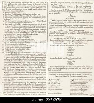 Text zu einem Druck der römischen Prozession in Utrecht, 1673, Textblatt zu einem Druck mit einer Darstellung der römischen Sakramentprozession in Utrecht am Fronleichnam, 22. August 1673 (ein erfundenes Datum, vielleicht bezieht sich dies auf den Sieg der Niederländer in der Seeschlacht bei Kijkduin am 21. August 1673). Text in 2 Spalten, der das Ereignis und die Legende 1-17 beschreibt. Am Ende der Spottvers: Whale Feathers., Textblatt, Verlag: Jan Claesz ten Hoorn, (möglicherweise), Amsterdam, 1673, Papier, Buchdruck, Höhe, 275 mm x Breite, 283 mm Stockfoto