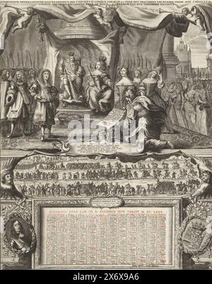 Allegorie des Friedens mit England 1674 und des Almanachs für das Jahr 1675, Vereenichde Nederlantsche danckbaerheyt, aen Carolus II. Coninck van HISP. Etc. Über die Aushandlung ihres Friedens mit Karl II. Coninck von Großbritannien und die Wiederherstellung ihrer verlorenen Freiheit (Titel auf Objekt), Allegory of the Peace of Westminster mit England am 19. Februar 1674, was den Dritten Englischen Krieg beendete. Der friedensvertrag wird von einem Boten an König Karl II. Präsentiert, der neben Königin Katharina auf seinem Thron sitzt. Höflinge auf beiden Seiten des Throns, Personifizierungen der Tugenden zwischen den Stockfoto