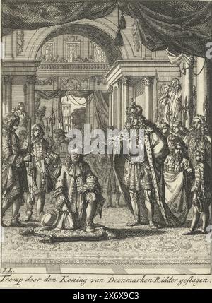 Cornelis Tromp wurde 1676 zum Ritter des Königs von Dänemark ernannt, Tromp zum Ritter des Königs von Dänemark (Titel auf Objekt), Admiral Cornelis Tromp wird gewonnen nach dem Sieg der kombinierten Niederländisch-dänischen Flotte über die schwedische Flotte in der Schlacht von Öland wurde am 11. Juni 1676 von König Christian V. von Dänemark zum Ritter geschlagen., Druck, Druckerei: Jan Luyken, (auf dem Objekt erwähnt), Nordholland, 1690 - 1692, Papier, Ätzen, Höhe, 164 mm x Breite, 122 mm Stockfoto