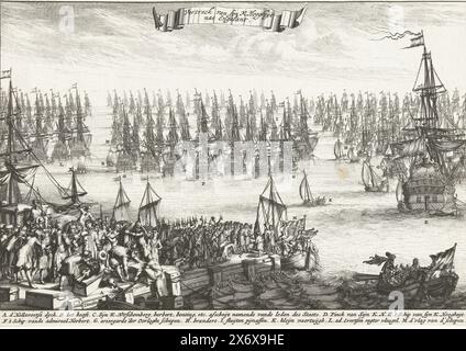 Abreise Wilhelms III. Nach England, 1688, Vertreck van syn K. Hoogheyt nae Engelant (Titel zum Gegenstand), Abreise von Prinz Wilhelm III. Von Hellevoetsluis nach England, 11. November 1688. Der Prinz verabschiedet sich auf dem Pier, eine große Flotte Schiffe vor der Küste vor Anker. Im Untertitel die Legende A-M., Druck, Druckerei: Bastiaen Stopendael, (auf dem Objekt erwähnt), Nordholland, 1689, Papier, Ätzen, Höhe, 185 mm x Breite, 266 mm Stockfoto