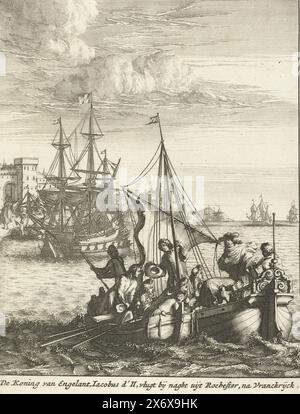 Flug von König Jakob II. Nach Frankreich, 1688, der König von Engelant, Jacobus d'II, flieht nachts aus Rochester, nach Vranckrijck (Titel auf Gegenstand), der Flug des englischen Königs Jakob II. Von Rochester nach Frankreich, 2. Januar, 1689 der König segelt in einer Schaluppe zu dem Schiff, das ihn nach Frankreich bringen wird., Druckerei: anonym, Druckerei: Bastiaen Stopendael, (möglicherweise), Nordholland, 1689, Papier, Ätzen, Höhe, 173 mm x Breite, 134 mm Stockfoto
