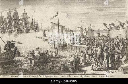 Abreise Wilhelms III. Nach England, 1688, Abreise seiner Königlichen Hoheit, mit der Nationalflotte nach England. Am 8. November 1688 verlässt Prinz Willem III. Mit der Flotte von Hellevoetsluis nach England am 11. November 1688. Der Prinz wird in einem Ruderboot auf sein Schiff gebracht. Oben rechts markiert: Zweiter Teil Fol. 234., Druck, Druckerei: Caspar Luyken, (auf dem Objekt erwähnt), nach eigenem Entwurf von: Caspar Luyken, (auf dem Objekt erwähnt), Nordholland, 1692 - 1694, Papier, Ätzen, Gravieren, Höhe, 164 mm x Breite, 265 mm Stockfoto