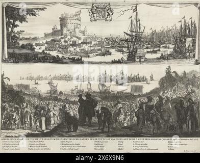 Abreise Wilhelms III. Aus Hellevoetsluis und Ankunft in England, 1688, Darstellung der Seereise von Hellevoetsluyd und der glücklichen Landung an der Südküste Engelants durch S.K.H. dem Prinzen von Orangie, am 15. November Ano. 1688 (Titel über Objekt), Reise Wilhelms III. Nach England, 1688. Zwei Vorstellungen. Unten: Die Abfahrt von Willem mit seiner Flotte am 11. November 1688 von Hellevoetsluis mit Blick von der Menge auf dem überfüllten Kai. Über der Ankunft der Flotte des Prinzen in Dartmouth am 15. November 1688. Die Truppen landen in Dartmouth Castle. In der Bildunterschrift die Legenden 1-8 Stockfoto