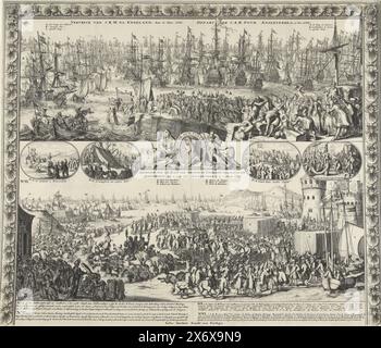 Reise von Wilhelm III. Nach England, 1688, Abfahrt von S.K.H. nach England, 11. November 1688, Ankunft von S.K.H.D.P. von Orangie in England, 15. Und 16. November. 1688 (Titel zum Objekt), Abfahrt de S.A.R. pour Angleterre, le 11. Nr. 1688, Arrivement de S.A.R. und Angleterre, le 15. Et 16. Nr. 1688 (Titel über Objekt), Reise Wilhelms III. Nach England, 1688. Zwei Auftritte mit den Nummern I und II oben: Die Abfahrt von Willem mit seiner Flotte am 11. November 1688 aus Hellevoetsluis. Vollständiger Kai und Überblick über die Schiffe. Unter der Ankunft der Prince-Flotte in Torbay bei Brixham am 15. Und 16. November 1688 Stockfoto