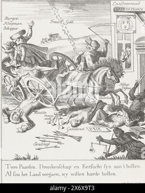 Cartoon on the angeblichen French-Mindedness of Amsterdam, 1690, Reproduktion eines Cartoons über Uneinigkeit zwischen Wilhelm III. Und der Stadt Amsterdam im Jahr 1690 aufgrund der angeblichen French-Mindeness der Stadt. Allegorie mit einem sich umdrehenden Wagen, geführt von einem Reiter mit verbundenen Augen, dessen Mantel mit französischen Lilien verziert ist und von den beiden ausgerissenen Pferden Trunkenheit und Ehrgeiz gezogen wird. Die Pferde trampeln auf Religion, Orangenäpfel, notwendige Verteidigung, Vaterland und Union; Rentier, Bürger, Händler und Kapitän fallen aus dem Wagen. In der Beschriftung ein Vers aus zwei Zeilen., Druck, Druckerei: Emrik Stockfoto