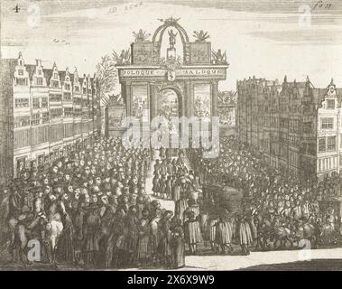 Ehrentor auf dem Platz in den Haag, 1691, Ehrentor auf dem Platz in den Haag, für die Einreise von König Wilhelm III. In den Haag, 5. Februar 1691. Auf dem Bogen steht das Motto: Soloque Saloque. Nummeriert oben links: 4 und oben rechts: Fo 13., Print, Print Maker: Anonym, Nordholland, 1691, Papier, Ätzen, Höhe, 143 mm x Breite, 180 mm Stockfoto