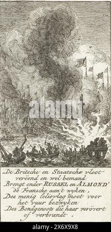 Marineschlacht bei Cape la Hogue, 1692, Marineschlacht bei Cape la Hogue, in der die Franzosen unter Admiral de Tourville von der englischen und holländischen Flotte unter Admirals Russel und Almonde besiegt wurden, 29. Mai bis 3. Juni 1692. Mit Vers aus 8 8 Zeilen. Oben markiert: CXIV., Druck, Druckerei: Simon Fokke, Nordholland, 1779 - 1781, Papier, Ätzen, Höhe, 111 mm x Breite, 60 mm Stockfoto