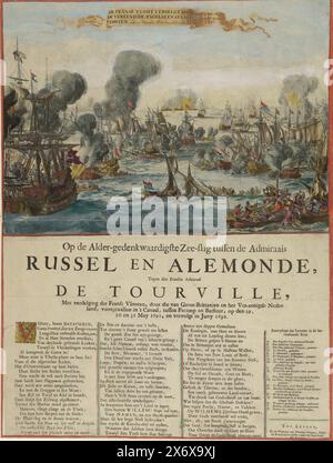 Marineschlacht bei Kap la Hogue, 1692, die französische Flotte, die von der englischen und niederländischen Flotte zerstört wurde (Titel auf Objekt), während der denkwürdigsten Seeschlacht zwischen Admirals Russel und Aldemonde, gegen den französischen Admiral de Tourville, mit Zerstörung der französischen Flotten, von Großbritannien und den Vereinigten Niederlanden; am 29., 30 und 31. Mai 1691 fand im Canal zwischen Fecamp und Barfleur statt und setzte sich im Juni 1692 (Titel auf Objekt) in der Schlacht von Cape la Hogue fort, in der die Franzosen unter Admiral de Tourville von der englischen und holländischen Flotte besiegt wurden Stockfoto