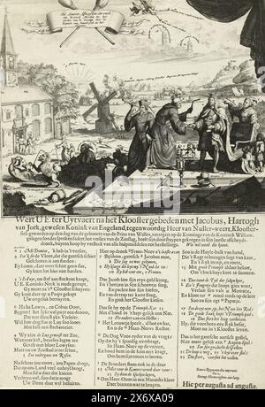 Cartoon über Jakob II. Nach dem Verlust in Cape la Hogue, 1692, de Laatste Afsceydts Dronck van Koninck Jacobus nach dem Verlust der Schlacht mit dem Koninck van Vranckryck nach dem Kloster (Titel auf Objekt), Wert U.E. ter Uytvaert nach dem Kloster betete mit Jacobus, Hartogh van Jork, ehemaliger König von England (...), Cartoon über den englischen König Jakob II. nach dem Sieg der Holländer und Engländer über die Franzosen in der Schlacht von Cape la Hogue im Ärmelkanal, 29. Mai bis 3. Juni 1692 und über seine Absicht, das Kloster zu betreten. James als Mönch mit gebrochener Krone und gebrochener Krone Stockfoto