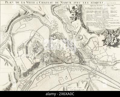 Karte der Stadt Namur mit der Burg, belagert von der französischen Armee, 1692, Plan de la ville & Chateau de Namur avec les ataques (Titel auf Objekt), Karte der Stadt Namur mit der Burg, belagert von der französischen Armee, 25. Mai bis 30. Juni 1692. Oben rechts die Legende A-E, A-r und 1-10 in französischer Sprache, mit Putten und dem Wappen des Königs von Frankreich. Unten, rechts vom Zentrum, eine Skala: 300 Verges de Rhynlande., Druck, Druckerei: Anonym, nach Druck von: Anonym, Verlag: Nicolaes Visscher (II), (erwähnt auf Objekt), nach Druck von: Frankreich, Verlag: Amsterdam, Verlag Stockfoto