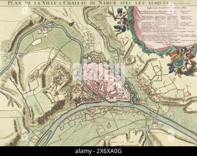 Karte der Stadt Namur mit der Burg, belagert von der französischen Armee, 1692, Plan de la Ville & Chateau de Namur avec les ataques (Titel auf Objekt), Karte der Stadt Namur mit der Burg, belagert von der französischen Armee, 25. Mai bis 30. Juni 1692. Oben rechts die Legende A-E, A-r und 1-10 in französischer Sprache, mit Putten und dem Wappen des Königs von Frankreich. Unten, rechts vom Zentrum, eine Skala: 300 Verges de Rhynlande., Druck, Druckerei: Anonym, nach Druck von: Anonym, Verlag: Nicolaes Visscher (II), (erwähnt auf Objekt), nach Druck von: Frankreich, Verlag: Amsterdam, Verlag Stockfoto