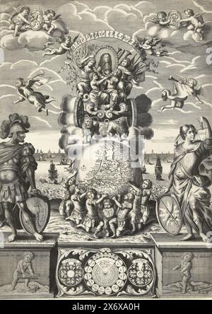 Allegorie mit Triumphwagen von Wilhelm III., 1686, Allegorie zu Ehren von Prinz Willem III., 1686. Medaillonporträt des Prinzen auf einem Triumphwagen über einem Globus mit einer Karte der Republik, getragen von den sieben Provinzen. Mars links, Gerechtigkeit rechts. Unten ein ewiger Kalender. Im Himmel Engel mit den Waffen der Republik und des Fürsten., Druck, Druckerei: Johann Georg Seiller, (auf Objekt erwähnt), nach eigenem Entwurf von: Johann Georg Seiller, (auf Objekt erwähnt), den Haag, 1686, Papier, Ätzen, Gravieren, Höhe, 713 mm x Breite, 513 mm Stockfoto