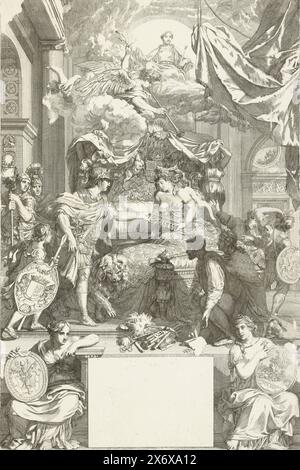 Allegory on the restore of True Religion in England with the Arrival of Orange, 1688, Allegory on the Restauration of True Religion in England with the Arrival of Orange, 1688. Allegorie, in der ein römischer General Wilhelm III. In Begleitung des niederländischen Löwen der englischen Jungfrau eine versiegelte Bibel überreicht, die von ihrem Herrn im Bett gelassen wurde. Der englische Herr und Bürger kniet zu Füßen. Am Himmel der Engel der Rache Gottes mit Licht und Posaune und der thronenden Wahrheit. Im Vordergrund sitzen zwei weibliche Figuren auf beiden Seiten eines Frieses, die eine Darstellung darstellen Stockfoto