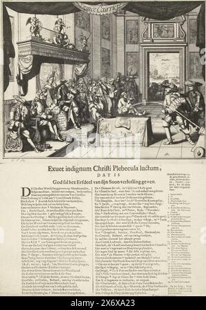 Cartoon über den traurigen Staat Frankreich unter der Herrschaft von Ludwig XIV., 1692, Vrance Courriers (Titel auf Objekt), Cartoon über den traurigen Staat Frankreich unter der Herrschaft von König Louis Thron. Auf der linken Seite ist der schreiende Jakob II. Und der große Dauphin, hinter dem König ist seine Frau Madame de Maintenon. Rechts zwei Jesuiten, darunter Pater Peters, Wilhelm Egon von Fürstenberg und andere. Auf einem Tisch in der Mitte eine Tischdecke mit Phaëthon im Sonnenwagen, Krone und einem Druck der Schlacht am Kap La Hogue. Ein protestantischer Gefangener mit Handschellen am Boden. Eine Kugel wird aus einem Mörser auf den Tisch abgefeuert. A Stockfoto