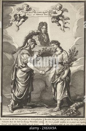 Allegory on the Aphering Peace of Rijswijk, 1696, Allegory on the Aphering Peace of Rijswijk, 1696. Weisheit und Frieden schütteln die Hände, dahinter eine Büste von König Wilhelm III. In der Bildunterschrift ein Vers von sechs Zeilen., Druck, Druckerei: Pieter van den Berge, (auf dem Objekt erwähnt), Herausgeber: Pieter van den Berge, (auf dem Objekt erwähnt), Staten van Holland en West-Friesland, (auf dem Objekt erwähnt), Amsterdam, 1696, Papier, Ätzen, Höhe, 258 mm x Breite, 176 mm Stockfoto