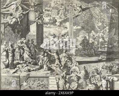 Allegory on the Peace of Rijswijk, 1697, Theatrum Pacis Risvicanum Anni MDCLXXXXVII, Allegory on the Peace of Rijswijk, abgeschlossen am 20. September 1697 zwischen Frankreich und den Alliierten. Auf der linken Seite wird die französische Jungfrau wieder willkommen geheißen und unter den Jungfrauen der anderen Königreiche umarmt. Im Zentrum Mercury über einer Gruppe allegorischer weiblicher Figuren. Im Hintergrund rechts der kriegerische Türke mit Fackel und Schwert., Druck, Druckerei: Pieter van den Berge, (auf Objekt erwähnt), nach eigenem Entwurf von: Pieter van den Berge, (auf Objekt erwähnt), Verlag: Pieter van den Stockfoto