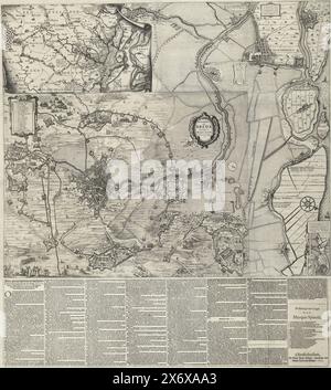 Große Karte der Belagerung von Breda, 1624-1625, Belagerung von Breda unter dem Befehl von Marquis Spinola, begonnen am 27. August 1624 (Titel auf Objekt), neu korrigierte und verbesserte Karte der Belagerung der Stadt Breda (...) ( Titel auf Objekt), große Karte der Belagerung von Breda durch die spanische Armee unter Spinola, 27. August 1624 bis 5. Juni 1625. Große Karte mit einem Plan der Stadt und des umliegenden Landes mit der Einschließung der Stadt durch die spanische Armee. Oben links die Legende A-y. Unten rechts das Lager der Staatsarmee unter Maurits, das entlastet wurde. Die ursprüngliche Karte wurde in dieser Kopie um drei vergrößert Stockfoto