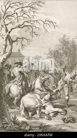 Der tödliche Fall Wilhelms III. Während einer Jagdgruppe 1702, der tödliche Fall König Wilhelm III. Während einer Jagdparty am 4. März 1702. Der König fällt von seinem Pferd, mit schockierten Zuschauern., Druck, Druckerei: Reinier Vinkeles (I), (auf Objekt erwähnt), nach Zeichnung von: Jacobus Buys, (auf Objekt erwähnt), Nordholland, 1794, Papier, Ätzen, Höhe, 230 mm x Breite, 153 mm Stockfoto