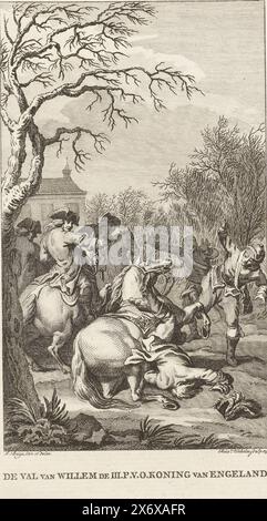 Der tödliche Fall Wilhelms III. Während einer Jagdparty 1702, der Fall Wilhelms III. P.V.O. König von England (Titel auf Objekt), der tödliche Fall von König Wilhelm III. Während einer Jagdparty am 4. März 1702. Der König fällt von seinem Pferd, mit schockierten Zuschauern. Nummeriert oben rechts: XXXII.dl. pl. I., Druck, Druckerei: Reinier Vinkeles (I), (auf dem Gegenstand erwähnt), nach Zeichnung von: Jacobus Buys, (auf dem Gegenstand erwähnt), Nordholland, 1794, Papier, Ätzen, Höhe, 231 mm x Breite, 153 mm Stockfoto