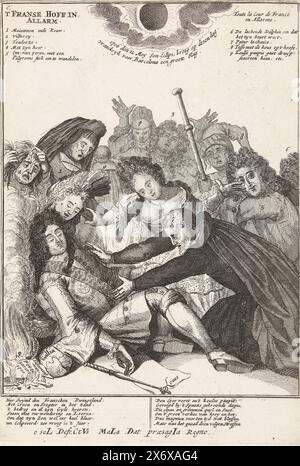 Louis wurde ohnmächtig, nachdem Barcelona verloren hatte. Madame de Maintenon und Père La Chaise versuchen ihn zu wecken. Die Sonnenfinsternis am 12. Mai 1706 während des Verlustes von Barcelona. Mit Versen auf Niederländisch. Teil einer Serie von 19 Karikaturen über die Franzosen und Verbündeten aus dem Jahr 1706., Druck, Druckerei: Anonym, Verlag: Carel Allard, (zugeschrieben), Druckerei: Nord-Niederlande, Verlag: Amsterdam, 1706, Papier, Ätzen, Höhe, 268 mm x Breite, 186 mm Stockfoto