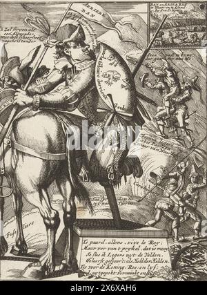 Cartoon über den Kurfürsten von Bayern, 1706, Königliche Almanach von 1701, 't Lusthof van Momus (Serientitel), Cartoon über Maximilian II. Emanuel, Kurfürst von Bayern als unfähiger Reiter mit einem Holzbein, das auf ein Pferd klettert. Ohne die Verse auf der Seite. Teil einer Serie von 19 Karikaturen über die Franzosen und Verbündeten aus dem Jahr 1706., Druck, Druckerei: Anonym, nach Druck von: Anonym, Verlag: Carel Allard, (zugeschrieben), Druckerei: Nordholland, nach Druck von: Nordholland, Verlag: Amsterdam, 1706, Papier, Ätzen, Höhe, 203 mm x Breite, 152 mm Stockfoto