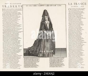 Madame de Maintenon als das beschwerende Frankreich, 1706, Het Klagenend Vrankryk, La France Lamentant (Titel zum Gegenstand), Royal Almanach von 1701, 't Lusthof van Momus (Titel der Serie), Madame de Maintenon als das beschwerende Frankreich, in voller Länge stehend, als Witwe gekleidet, 1706. Mit zwei Versen in Niederländisch in der Beschriftung und Versen in Niederländisch und Französisch auf der Seite auf beiden Seiten der Platte. Teil einer Serie von 19 Karikaturen über die Franzosen und Verbündeten aus dem Jahr 1706., Druck, Druckerei: Anonym, Verlag: Carel Allard, (zugeschrieben), Druckerei: Nord-Niederlande, Verlag: Amsterdam, 1706 Stockfoto