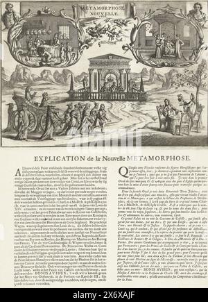 Gescheiterte Reise Ludwigs zu einem Tempel, in dem die spanische Krone aufbewahrt wird. Oben zwei Kartuschen mit Szenen mit Jesuiten, 1706. Auf dem Blatt unter dem Schild eine Erklärung in Niederländisch und Französisch. Am Ende des Hinweises: 1706. 9/12. Der große Schmuckverkäufer. Teil einer Serie von 19 Karikaturen über die Franzosen und Verbündeten aus dem Jahr 1706., Druck, Druckerei: Anonym, Verlag: Carel Allard, (zugeschrieben), Druckerei: Nord-Niederlande, Verlag: Amsterdam, 1706, Papier, Ätzen, Gravur, Buchdruck, Höhe, 373 mm x Breite, 277 mm Stockfoto