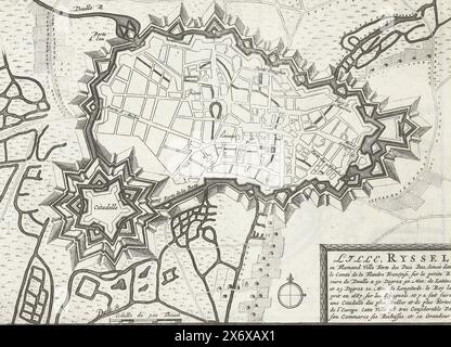 Karte von Lille, ca. 1693-1696, Lille, Ryssel en Flamand, Ville Forte des Pais Bas, Située dans le Comté de la Flandre (...) (Titel zum Objekt), Le Theater de la guerre, dans les Pays- Bas, ou representation des prinzipales villes qui sont en Flandres, Hennegau, Brabant &c. Avec leurs Fortifications (...) erster Band (Serientitel auf Objekt), Karte der Befestigungsanlagen um die flämische Stadt Lille (Rijssel). Teil des ersten Teils des Druckes: Le Theater de la Guerre, dans les Pays-Bas, veröffentlicht 1696. Dieser Teil enthält 25 Platten mit Plänen (von Sébastien Le Prestre, Seigneur de Vauban) Stockfoto