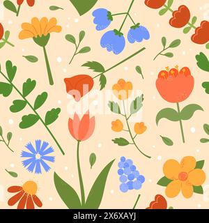 Blumenmuster. Netter Blumen Vektor nahtloser Hintergrund. Wiederkehrende Illustration der floralen botanischen Elemente und Blätter. Handgezeichnete Naturwiese Stock Vektor