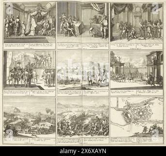 Theater of war (Seite I), 1700-1701, Theater of war, Beginn von König Karl II. Bis König Karl III. Existierend in IX. Historische Figuren auf einem Elefantenblatt, als Schlachten, Belagerungen auf Wasser und Land, mit den wichtigsten Festungen (...) (Serientitel auf Objekt), Blatt mit neun Darstellungen von Ereignissen aus den Jahren 1700-1701 des Spanischen Erbfolgekrieges. Blatt I in: Theater des Krieges (Ausgabe von 1720), der Druck mit der gebündelten Serie von 31 Platten über den Spanischen Erbfolgekrieg., Druck, Druckerei: Pieter Schenk (I), Verlag: Pieter Schenk (I), (erwähnt auf Stockfoto