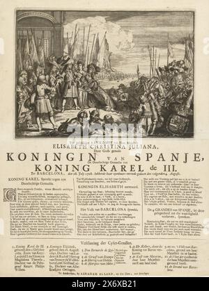 Die Ankunft von Elisabeth Christina, Ehefrau von König Karl III. In Barcelona, 1708, für die glücklichere Ankunft Ihrer Majestät Elisabeth Christina Juliana, durch Gottes Gnade Königin von Spanien, die heitere Gemahlin von König Karl III. Nach Barcelona, 28. Juli 1708. Nachdem sie ihren öffentlichen Eingang auf den folgenden 4. Augusti (Titel zum Objekt), Königlicher Almanach von 1707, 't Lusthof van Momus (Titel der Serie), die Ankunft von Elisabeth Christina, Ehefrau von König Karl III., in Barcelona, wo sie von ihrem Mann gesprochen wurde, 28. Juli 1708. Auf der Seite unter dem Schild Verse und Legende auf Niederländisch. Drucken Sie die Situation aus Stockfoto