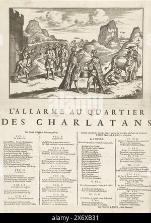 Das Melken der spanischen Kuh, ca. 1701, L'Allarme au Quartier des charlatans, Allegory, in dem Kardinal Portocarrero die spanische Kuh vom Präsidenten von Kastilien melken lässt, Philipp V. gibt die Milch an Ludwig XIV. auf dem Blatt unter der Platte Verse in Niederländisch und Französisch. Teil einer Gruppe separater Karikaturen Ludwigs XIV. Während des Spanischen Erbfolgekrieges, ca. 1701-1713., Druck, Druckerei: Anonym, Verlag: Anonym, Nord-Niederlande, 1701 - 1702, Papier, Ätzen, Gravieren, Buchdruck, Höhe, 393 mm x Breite, 282 mm Stockfoto