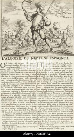 Cartoon über eine französische Niederlage in einer Seeschlacht, 1705, L'Algoizil du Neptune Espagnol (Titel auf Objekt), Cartoon über eine französische Niederlage in einer unspezifizierten Seeschlacht (in der Nähe von Gibraltar?) Im Jahr 1705. Im Vordergrund ein auf ein Horn geblasener Standardträger, im Hintergrund die Seeschlacht. Texte in Französisch und Niederländisch auf der Seite unter der Platte. Erwähnt im Text: Veröffentlicht und deponiert auf der Burg von Antwerpen, am Tag nach Ostern. 1705. Teil einer Gruppe separater Karikaturen, die Ludwig XIV. Während des Spanischen Erbfolgekrieges darstellen, ca. 1701-1713., Druck, Druckerei: Anonym, Verlag Stockfoto