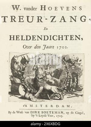 Titelseite für W. van der Hoevens Treur-Zang en Heldendichten, über den Jaare 1702, Titelseite für W. van der Hoevens Treur-Zang en Heldendichten, über den Jaare 1702 von 1703 mit einer Allegorie über die Siege der Alliierten über die Franzosen im Jahr 1702. Vignette mit Minerva und der Freiheit mit einer Karte von Europa, im Hintergrund die Seeschlacht in der Bucht von Vigo. In der Grenzarbeit das englische Einhorn, der deutsche Adler und der niederländische Löwe. Auf der Rückseite das Gedicht: In ewiger Erinnerung an das maritime Jahr 1702 von Van der Hoeven., Druck, Druckerei: Anonym, nach eigenem Entwurf von: weduwe Dirk Stockfoto