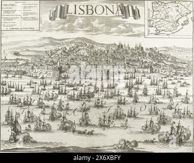 Ankunft der Niederländisch-englischen Flotte mit König Karl III. In Lissabon, 1704, Lisbona (Titel auf Objekt), Ankunft der Niederländisch-englischen Flotte mit König Karl III. (Erzherzog Karl von Österreich) an Bord in Lissabon, 7. März 1704. Blick auf Lissabon mit den Schiffen der Flotte auf dem Fluss Tejo vor der Stadt. Oben links die Legende, oben rechts ein Einschnitt mit einer Karte von Spanien und Portugal., Druck, Druckerei: Anonym, Verlag: Reinier Ottens (I) & Josua, (auf dem Objekt erwähnt), Druckerei: Nord Niederlande, Verlag: Amsterdam, 1704, Papier, Ätzen, Gravur, Höhe, 425 mm x Breite, 538 mm Stockfoto