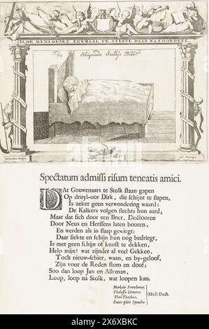 Der schlafende Bauer von Stolwijk, 1707, der schlafende Bauer von Stolwijk, der schlafende Bauer von Stolwijk oder der sogenannte schlafende Bauer von Stolwijk. Dirk Klaasz de Bakker schlief vom 29. Juni 1706 bis 11. Januar 1707 (27 Wochen) und schlief nach dem Aufwachen bis zum 15. März 1707 wieder ein. Der Bauer schläft in seinem Bett, in einem Rahmen mit Säulen, hinter dem sich Vater Zeit und Tod verstecken. Oben ein Fries mit Putten und Personifizierungen von Hoffnung und Glauben. Unter der Platte ist ein Vers von 14 Zeilen aufgeklebt., Druck, Druckerei: Anonym, Herausgeber: Jacobus Robijn, (erwähnt auf Stockfoto