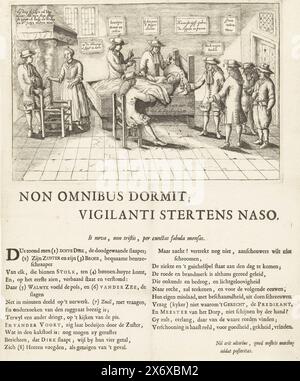 Der schlafende Bauer von Stolwijk, 1707, der schlafende Bauer von Stolwijk oder der sogenannte schlafende Bauer von Stolwijk. Dirk Klaasz de Bakker schlief vom 29. Juni 1706 bis 11. Januar 1707 (27 Wochen) und schlief nach dem Aufwachen bis zum 15. März 1707 wieder ein. Der Bauer schlief in seinem Bett, im Zimmer Bruder und Schwester des Bauers, einige Ärzte und Besucher. Auf dem Blatt unter der Platte ist ein Vers in 2 Spalten gedruckt, in dem die Leichtgläubigkeit der Ärzte und Besucher verspottet wird., Druck, Druckerei: Anonym, Nordholland, 1707, Papier, Ätzen, Gravieren, Buchdruck Stockfoto